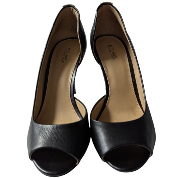 Michael Kors WMNs Open Peep Toe w/Logo Charm Detail Black Leather Pumps Size 8.5 - Picture 1 of 9